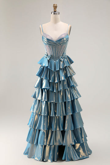 Blue Metallic A-Line Corset Tiered Long Prom Dress With Beading